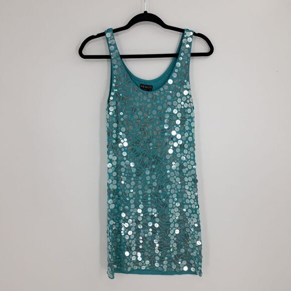 VENUS Dress Disco Mermaid Sequined Tank Mini Scoop Neck Aqua Watercolor Size S - Picture 2 of 11